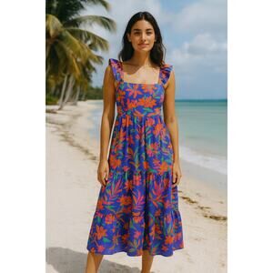 J.Crew SZ 2 Square Neck Tiered Tropical Floral Midi Dress Ruffle Sleeves Pockets